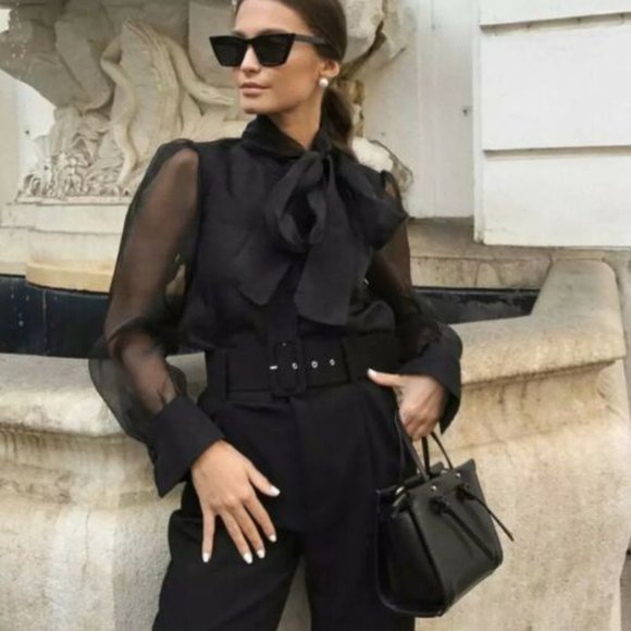 Zara Tops - NEW ! ZARA BLACK SEMI SHEER ORGANZA PUFF SLEEVE